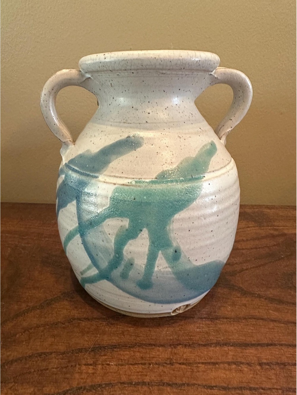 Two Handled Glazed Stoneware Vase with Blue and Teal Brushstrokes